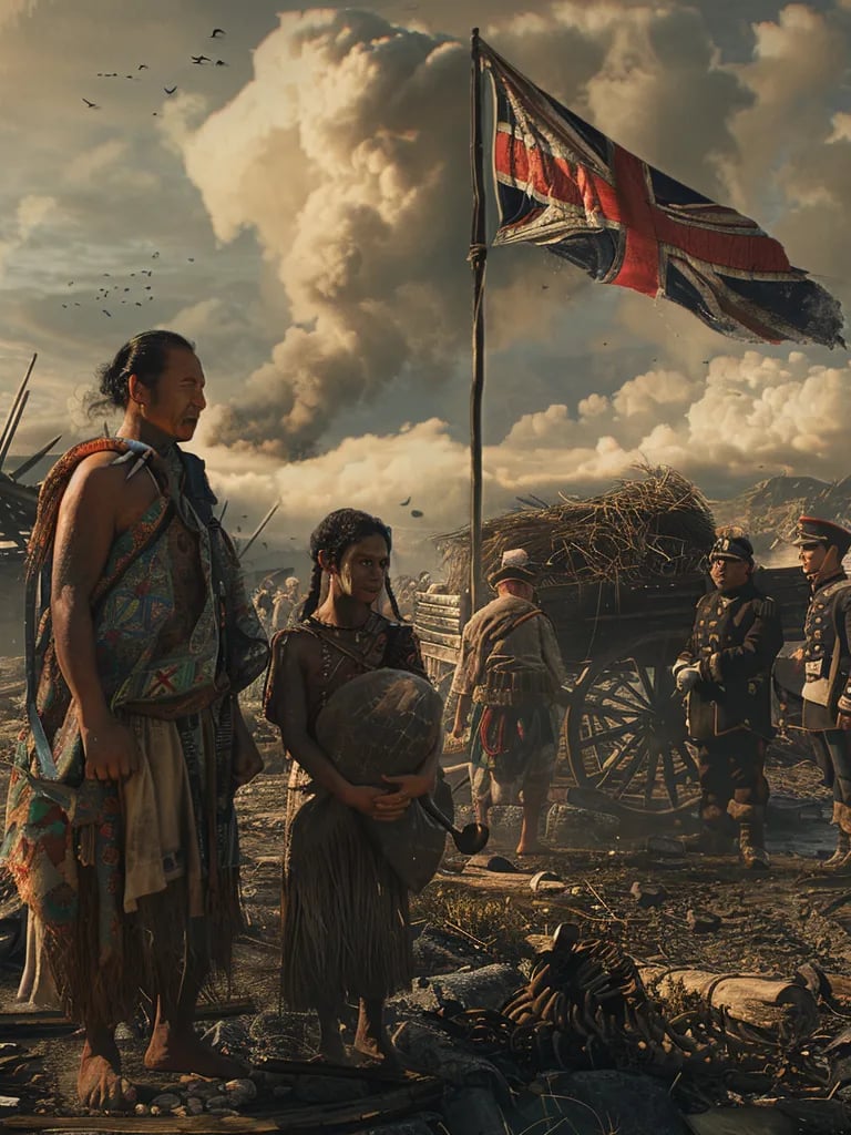 Māori family standing amid the smoking ruins of their home