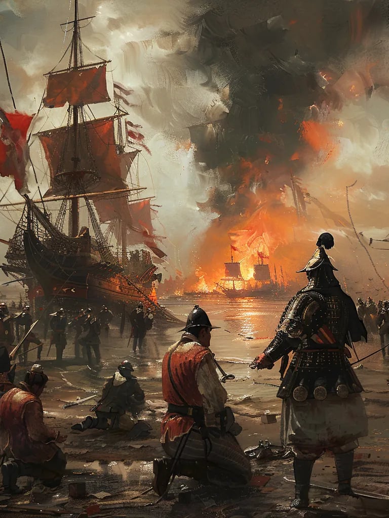 captured Dutch sailors kneeling before a Chinese general
