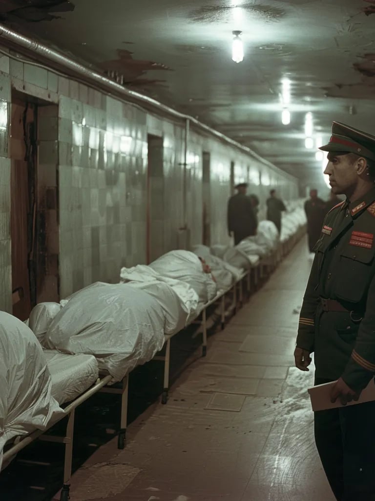  Soviet paramedics carrying stretchers through a dimly lit corridor