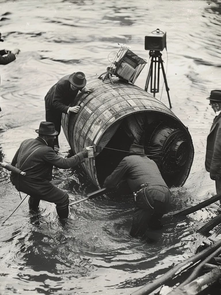 of rescuers pulling the battered barrel from the water.