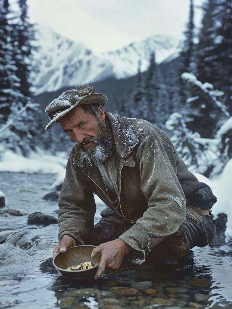 Alaskan gold prospector examining a glistening nugget in an icy stream
