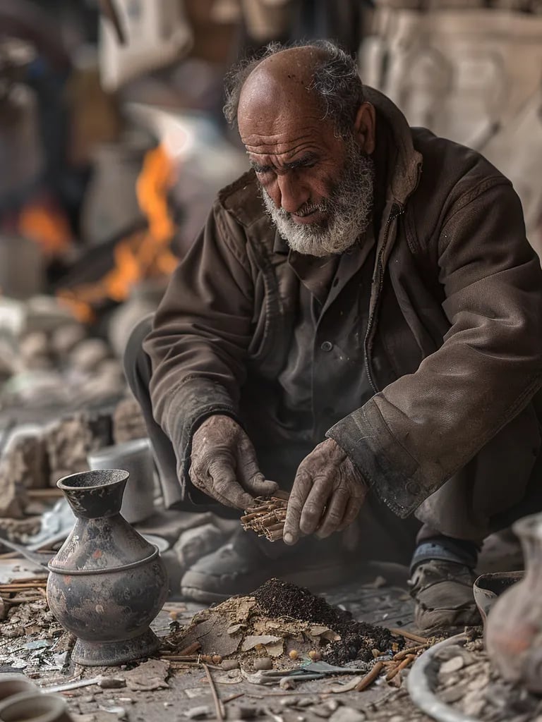 lose-up of a merchant, his face covered in dust, kneeling beside his destroyed spice stall
