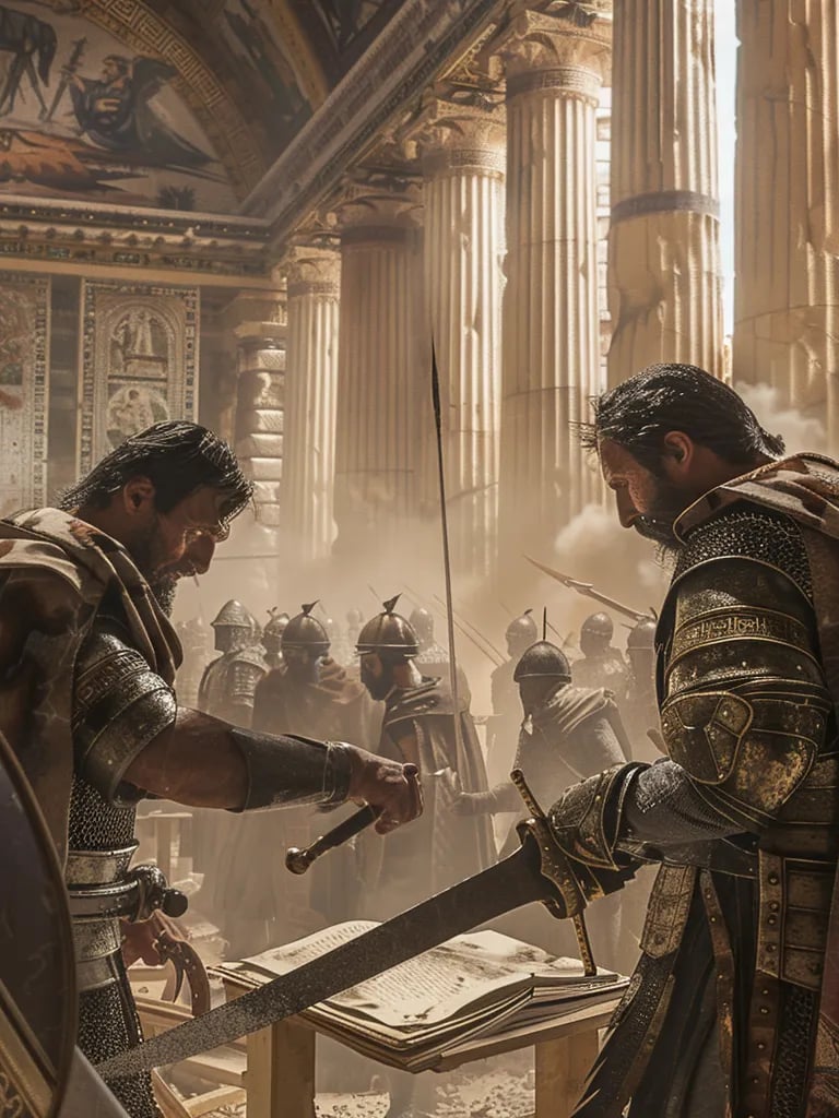 Byzantine general surrendering his sword to a Rashidun commander