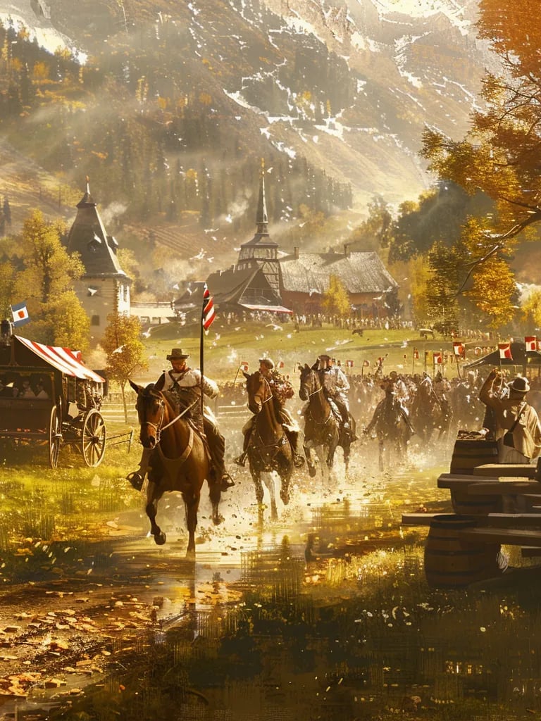 f Bavarian horsemen racing across a sunlit meadow
