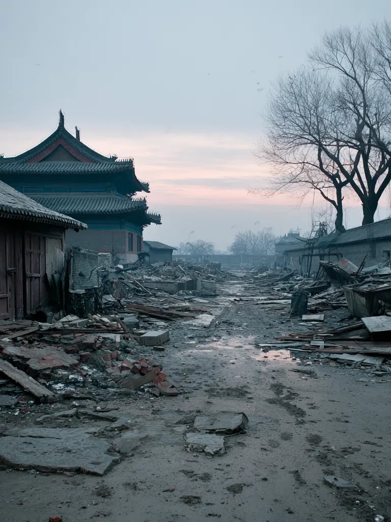 A collapsed imperial gate stands partially buried in earth