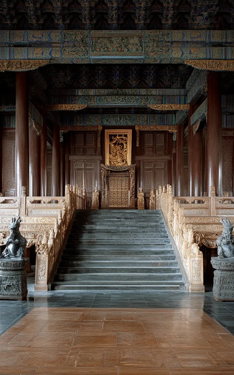 : carved lacquer throne with five-clawed dragons; silk banners, jade tablets, and bronze cranes flan