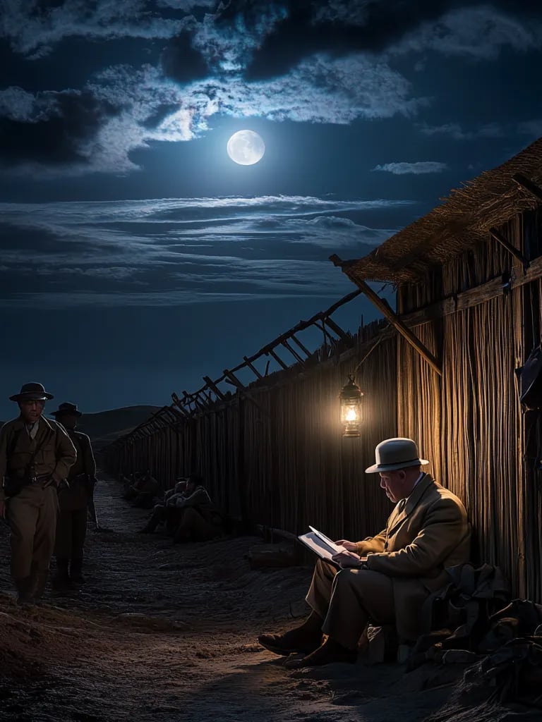 Boer prison camp at dusk, wooden enclosure under open sky, Churchill seated cross-legged inside 