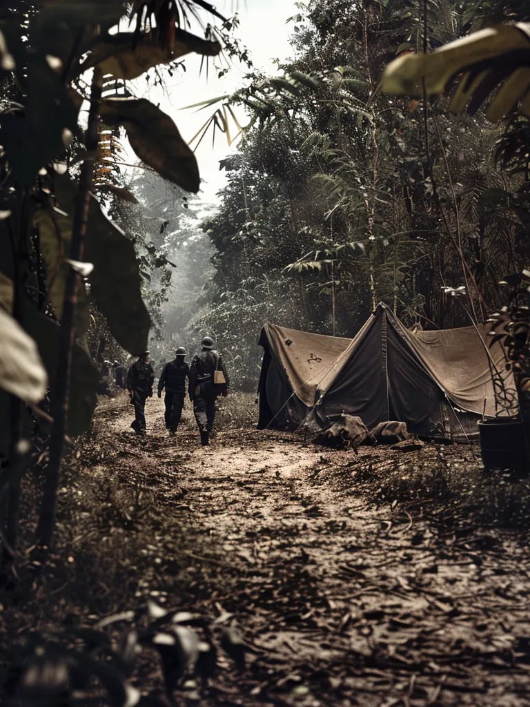 the captured guerrilla camp. Tents, weapons, and scattered supplies 