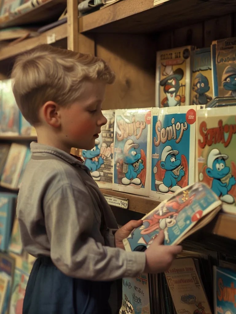  child picking up a comic book featuring the Smurfs for the first time