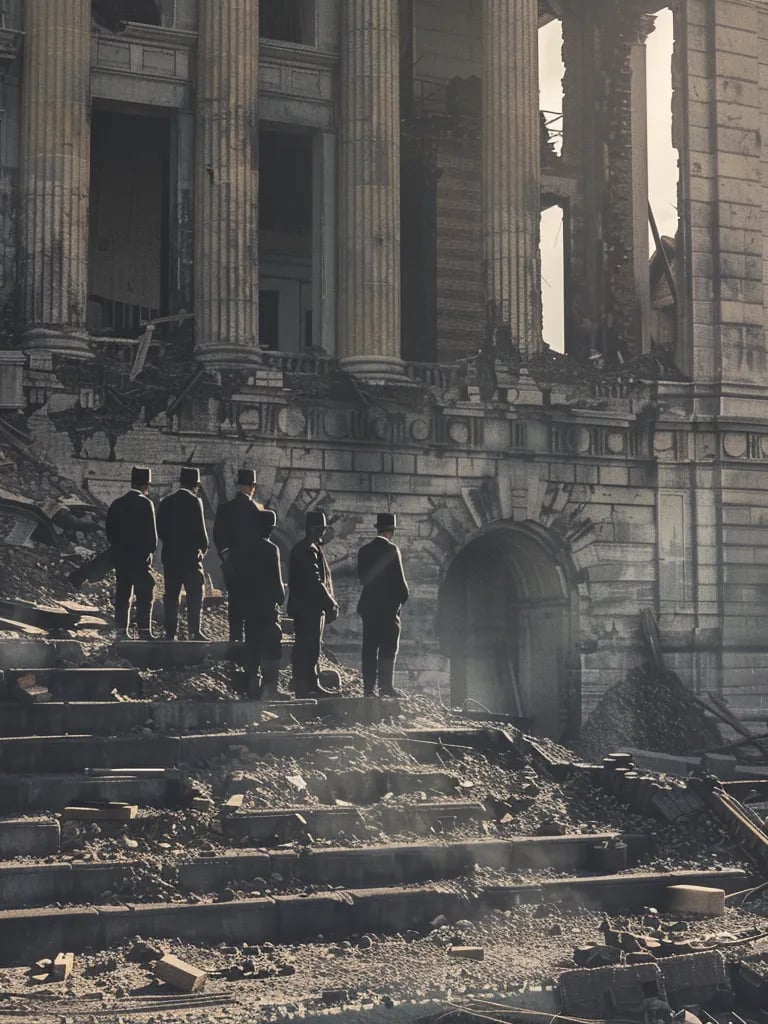 Boston City Hall, 1872 – Mid-range shot of city officials standing on the steps