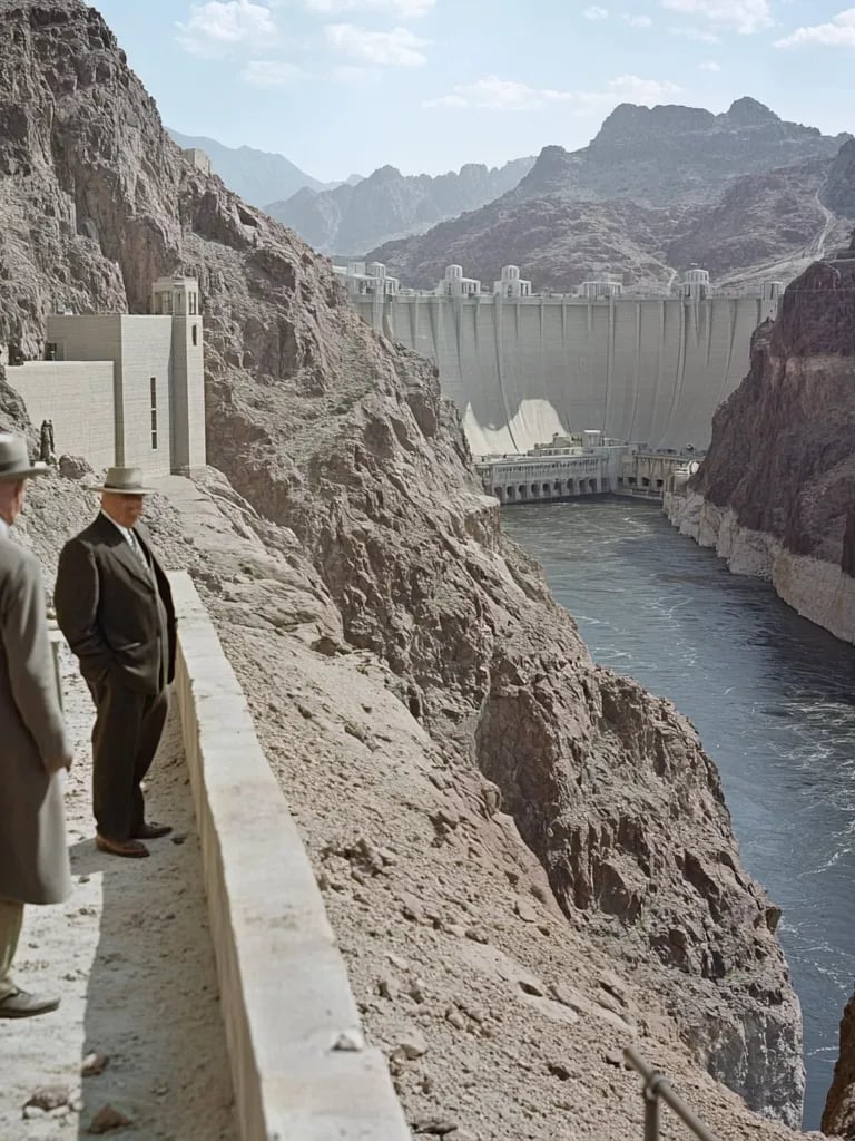 the top of the Boulder Dam, with President Roosevelt and his entourage walking along its edge.