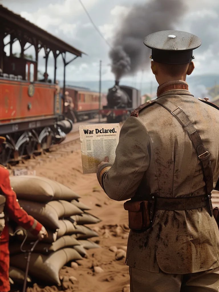 British officer in a crisp khaki uniform staring at a telegram in disbelief. The message reads, "War