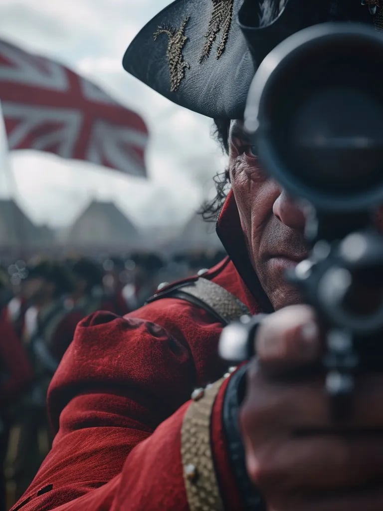 British officer in a red coat, staring through a spyglass at the defiant flag flying over Taunton