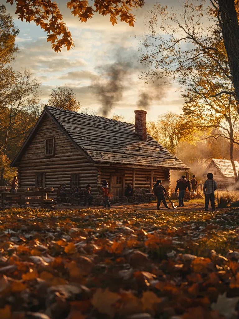 Building the Schoolhouse: Settlers with axes and saws construct a modest log schoolhouse