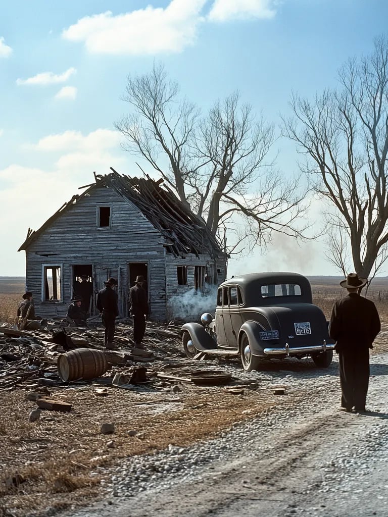 Burned-out shack on the outskirts of Herrin, Illinois, smoke still rising from splintered wood