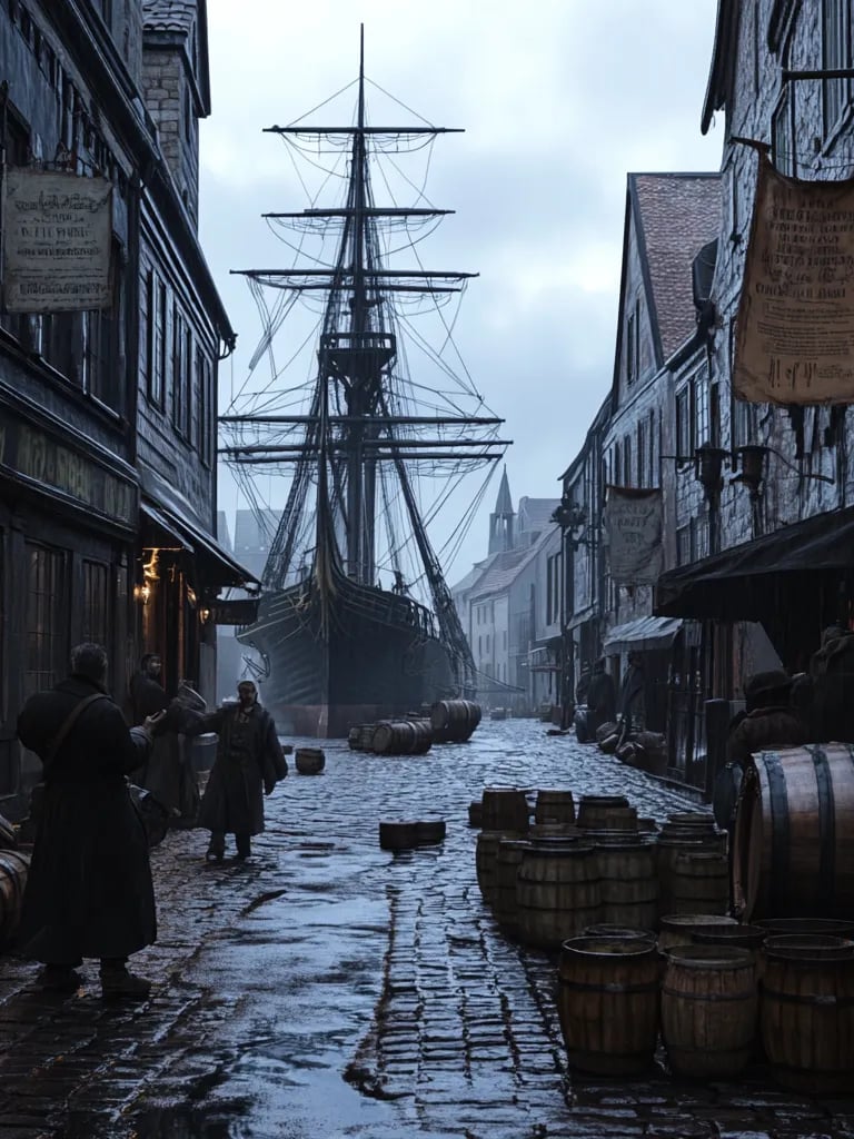 Bustling European port city under gray skies, merchants angrily reading posters 