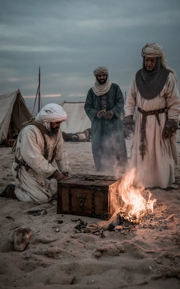 Baibars in silk caftan and jeweled turban; gold dinars spill from an ornate chest