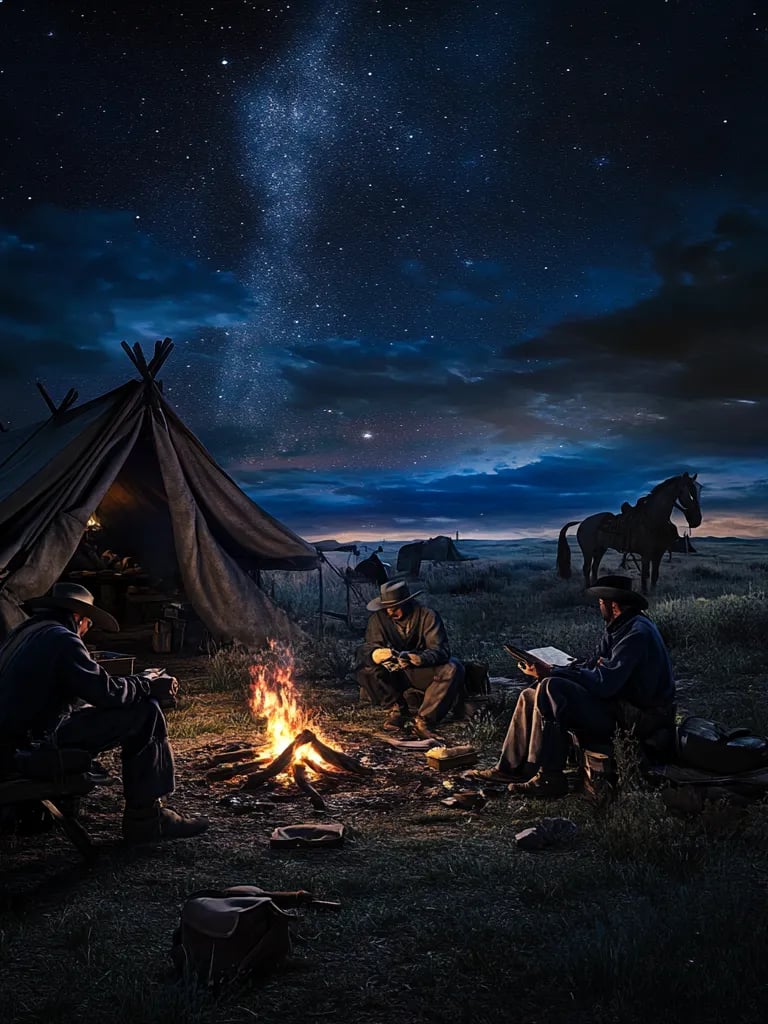  Texas Rangers at campfire, eating stew, journaling, starry sky.