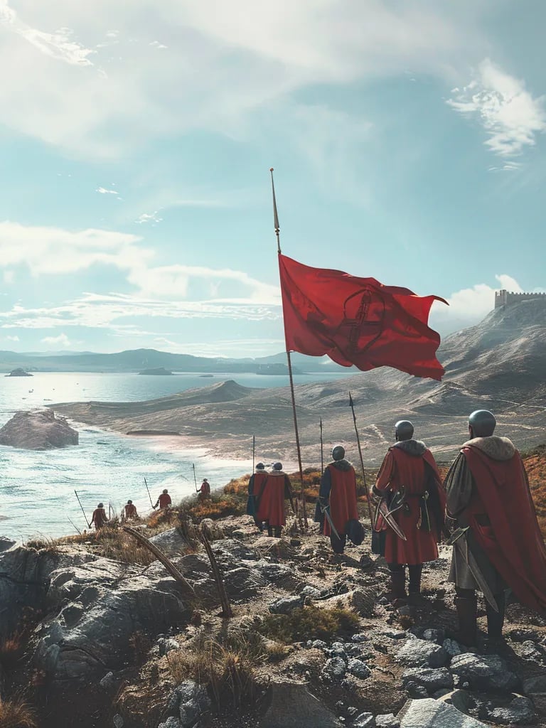  European sailors stepping onto a rocky shoreline, gazing at the Pacific Ocean for the first time