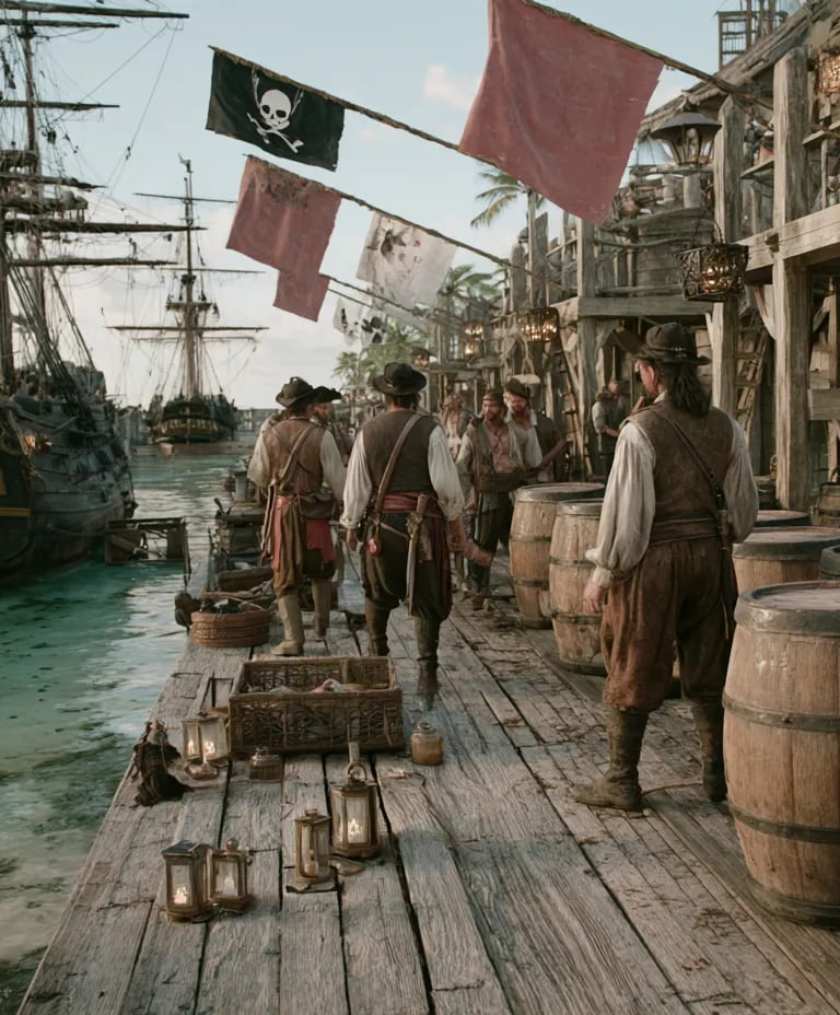 Late afternoon on a wooden quay, pirates offload stolen cargo under flapping Jolly Roger flags