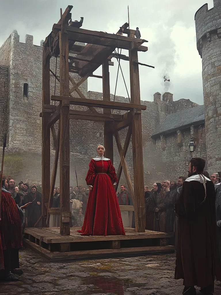  Mary standing with dignity on the wooden scaffold, clad in a deep crimson gown