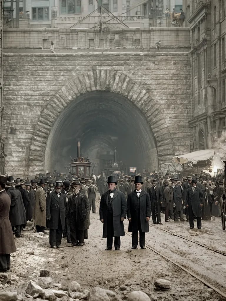 new tunnel portal at Dearborn Street: clatter of horse-drawn carriages and gas-lit street lamps