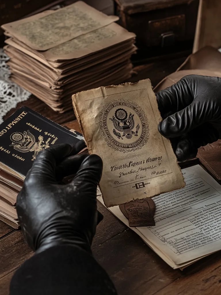 Close-up of hands in leather gloves receiving a freshly printed passport