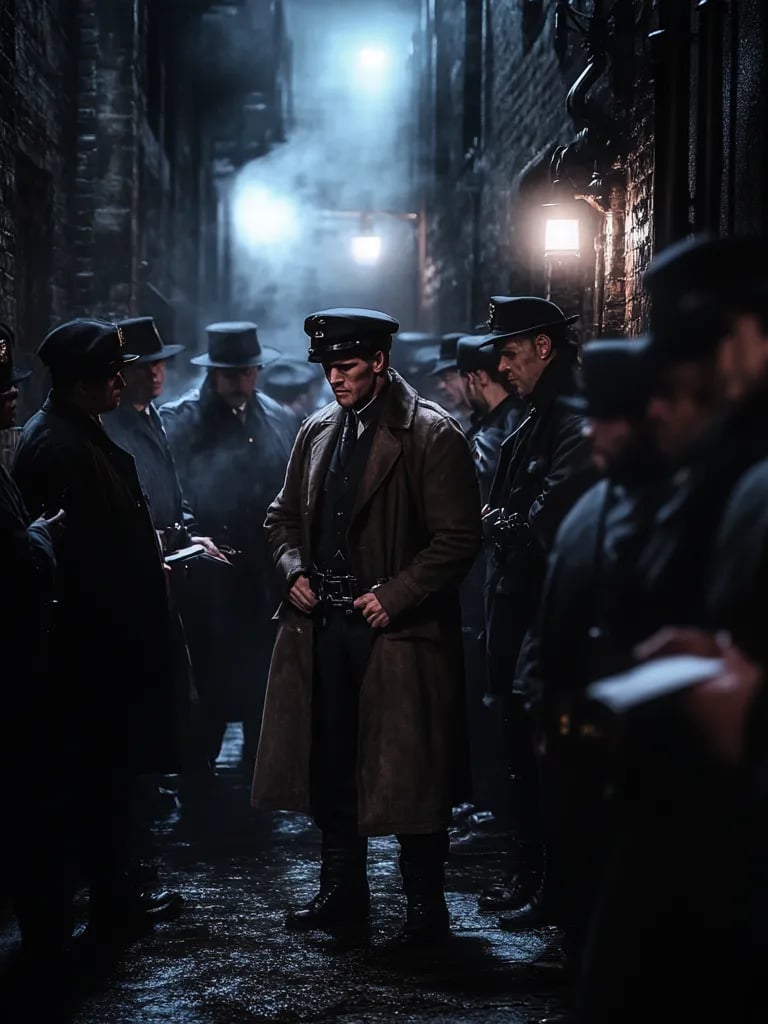 cold back alley behind the venue, Sullivan in wrist restraints, coat draped over his shoulders