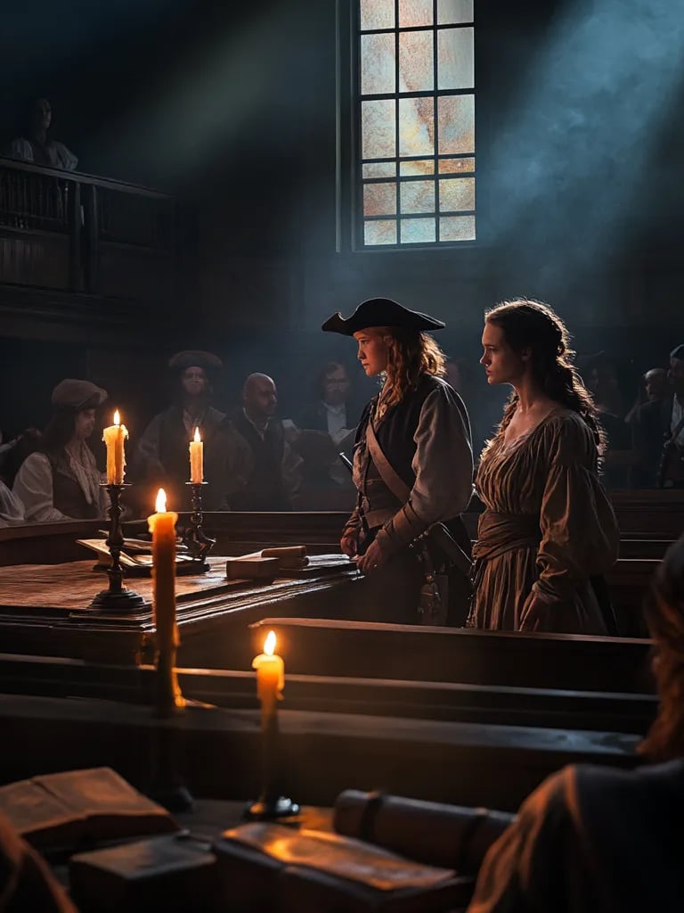 colonial courtroom in Spanish Town, Jamaica, Anne Bonny and Mary Read standing defiant
