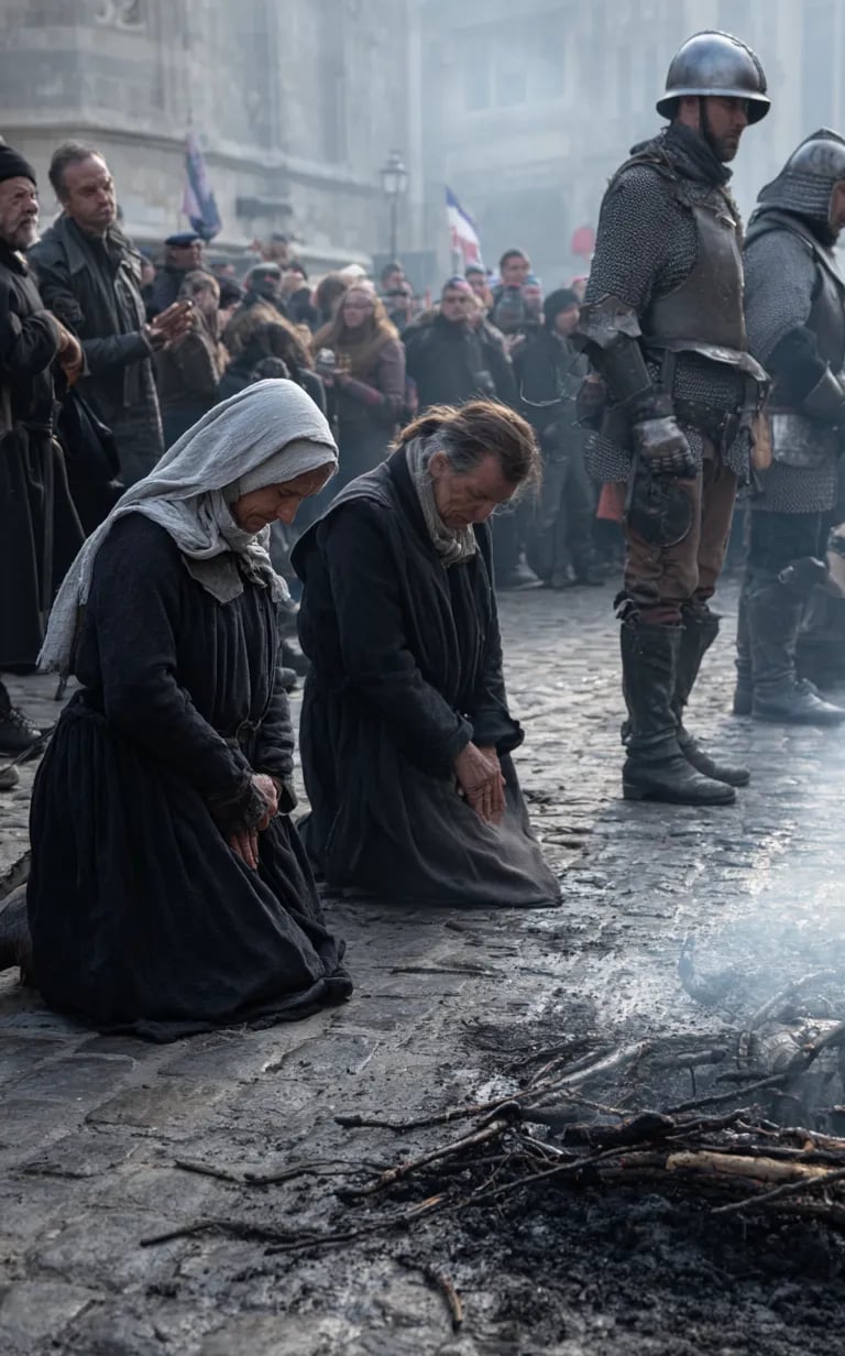 Mourning followers in dark wool cloaks and kerchiefs kneel in silent prayer