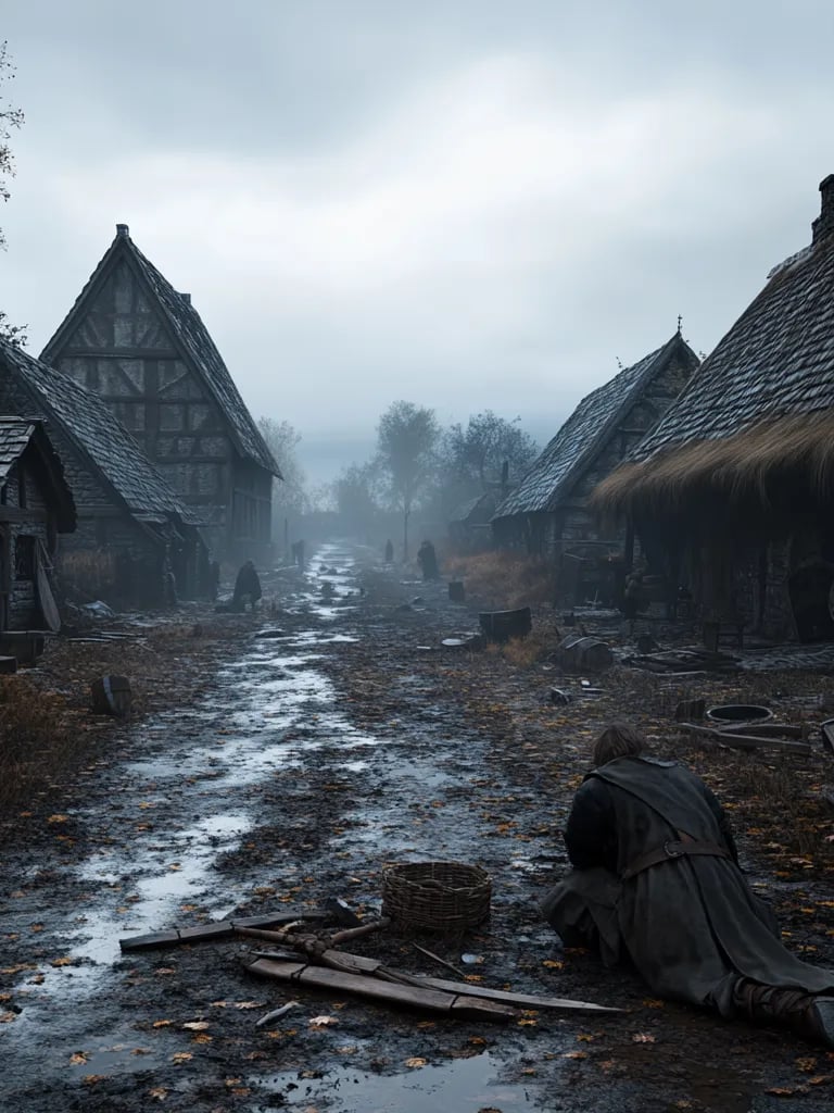 silent aftermath in a ravaged medieval village, broken shields and splintered spears