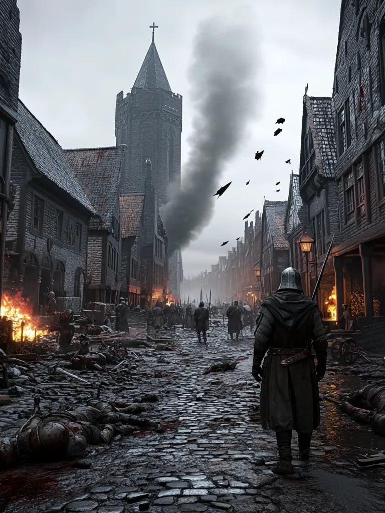 Post-conflict Utrecht with ruined medieval streets and solemn townsfolk after political violence.