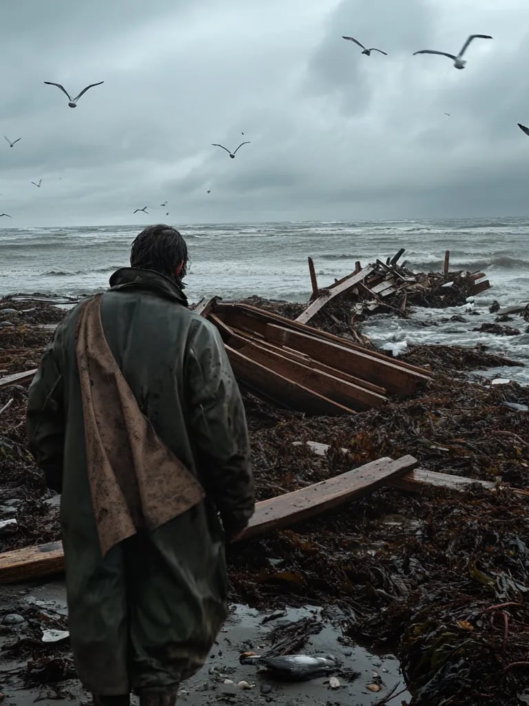Early morning near Saint-Malo, gray skies over a desolate, wind-swept beach, wreckage of the Hilda