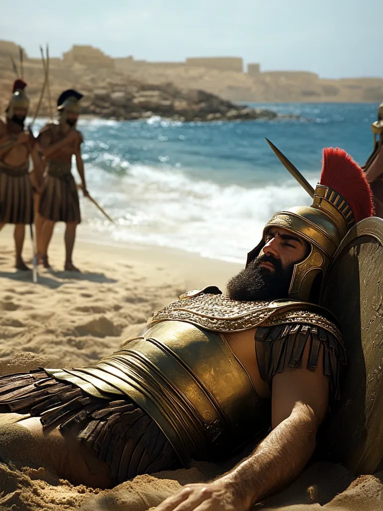 Pompey the Great lies lifeless on the beach, his body abandoned by the conspirators