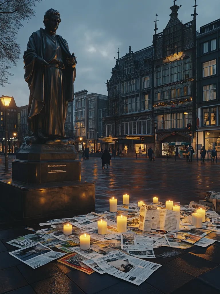 Memorial scene in Amsterdam with candles and tributes to socialist pioneer Domela Nieuwenhuis