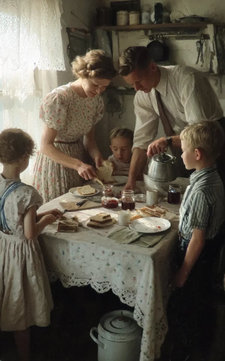 Family Kitchen, Missouri Farmhouse, Evening July 7th 1928: Toast Celebration