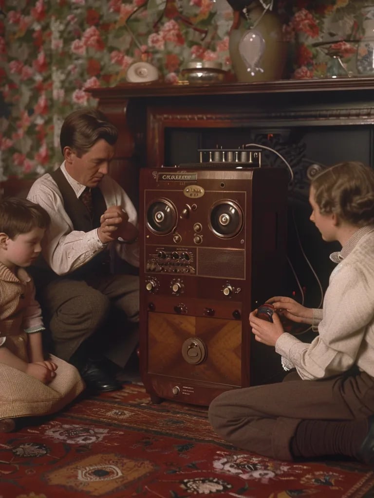 ritish family gathered around a large wooden radio, listening intently to the BBC’s first broadcast