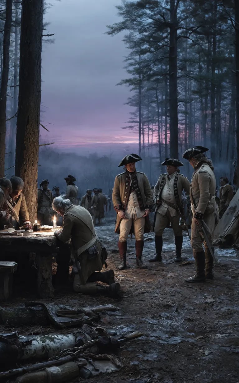 Washington, cloak draped over one arm, signs a parchment surrender