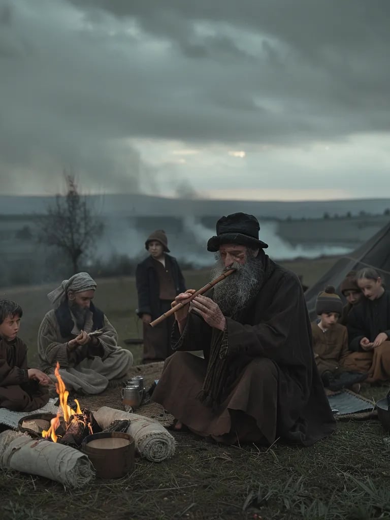 makeshift camp by the roadside, where expelled Jewish families huddle around small fires