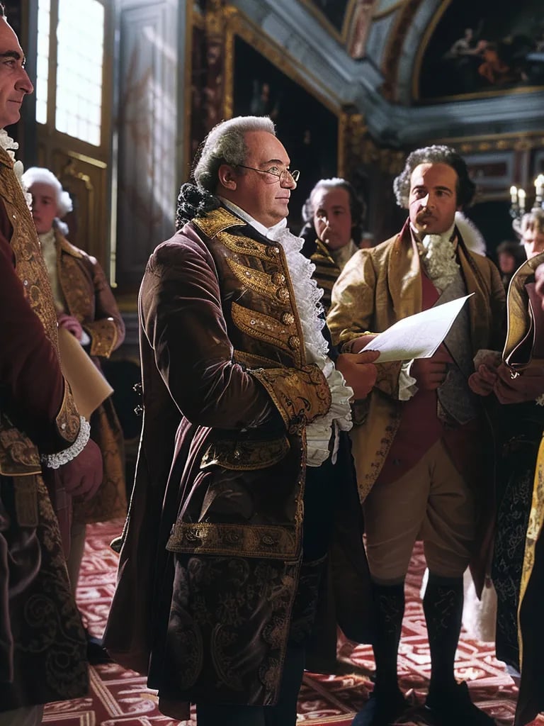 Franklin bowing before King Louis XVI, his spectacles slightly askew as he presents a formal request