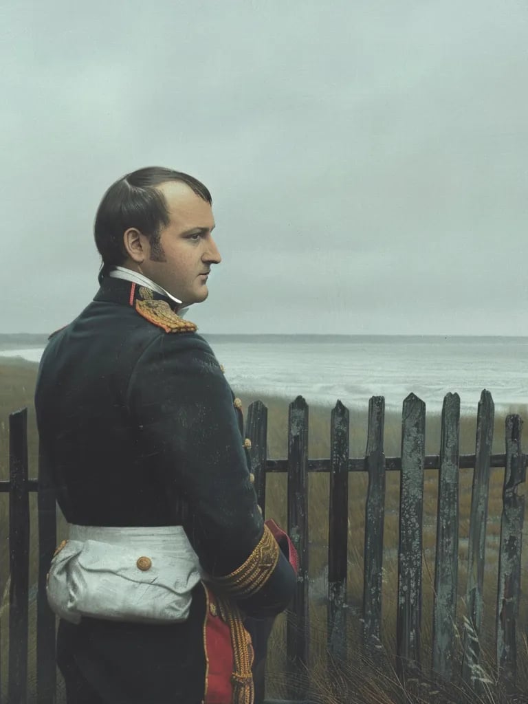 Napoleon standing near a weathered wooden fence
