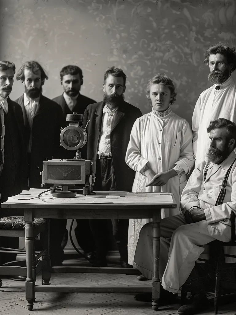 group of doctors gathered around an early X-ray machine