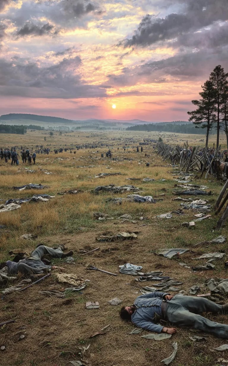 Cemetery Ridge at sunset: shattered Confederate banners lie on scorched yellow grass stained with tr