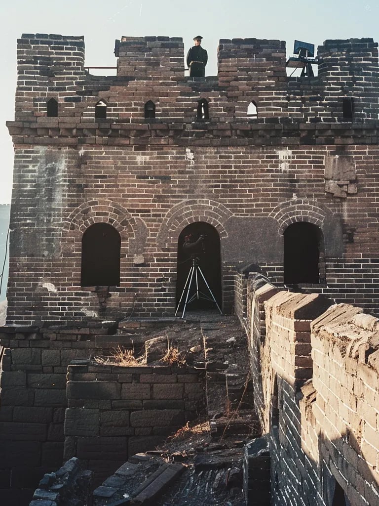 Great Wall Watchtower, 1970 – Mid-range shot of a Chinese guard standing atop a restored watchtower