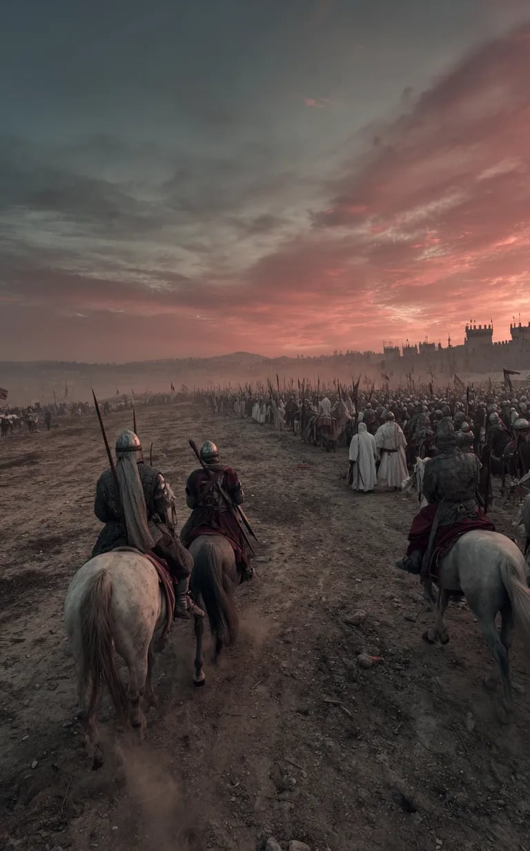 Saladin dismounts before a line of bound Crusader nobles in woolen cloaks