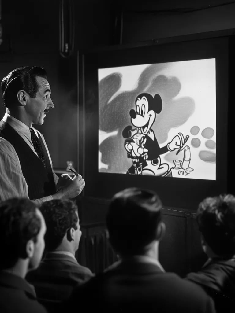 Walt Disney presenting an animation reel to a group of producers in a small screening room