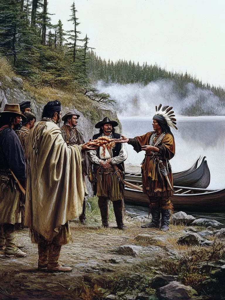 Lewis and Clark’s team interacting with local Chinook tribes