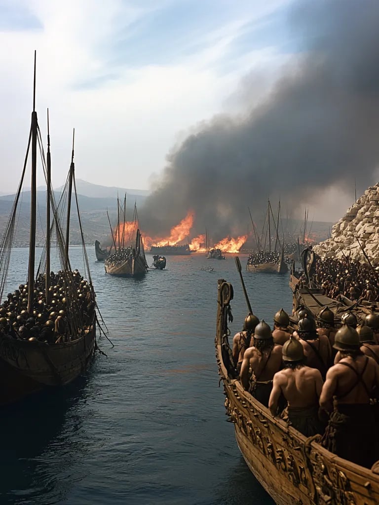 aftermath of the Battle of Salamis. The waters are littered with broken Persian ships and floating d