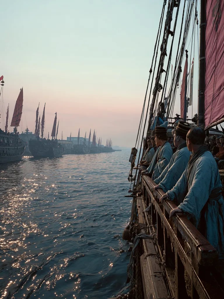 East China Sea, Sunset 1405: Reflection at Sea Golden-hour light glints off a line of 120-meter ship