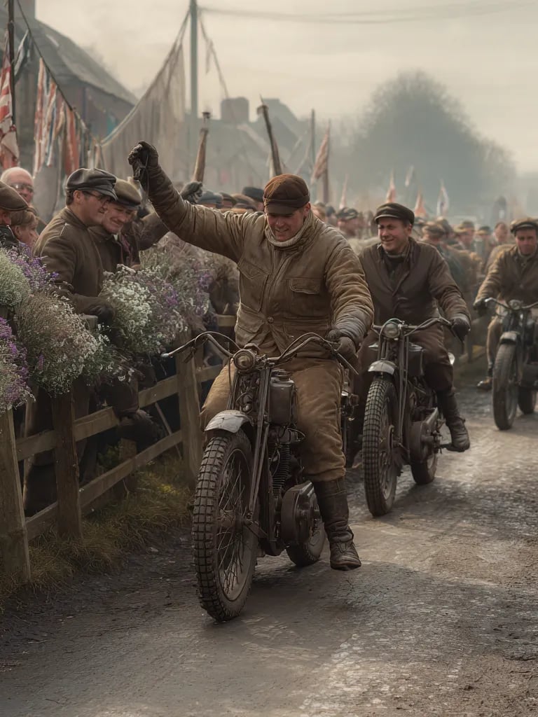 triumphant rider in a saffron sash and leather gauntlets raises a hand atop his motorcycle